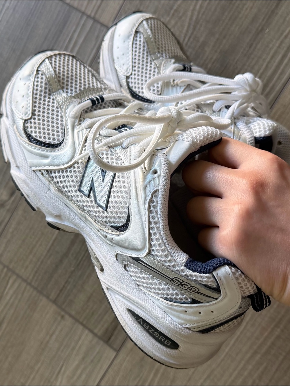 New Balance 530 White and Navy Athletic Sneakers